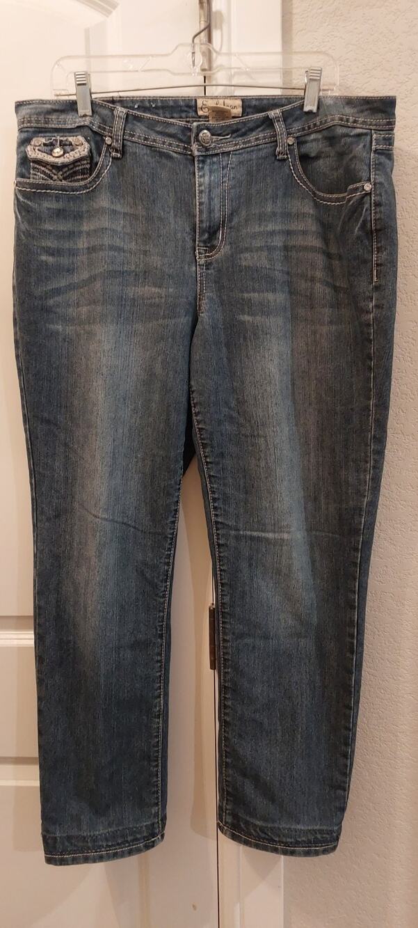Earl Jean Women's Size 16 Blue Jeans Embellished Pockets Boho Stretch 37" x 27"